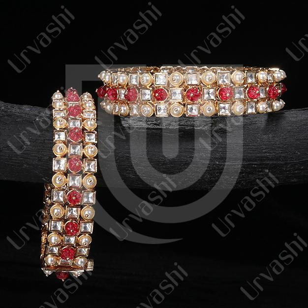 Carved Ruby and traditional Moti Decorated Bangles